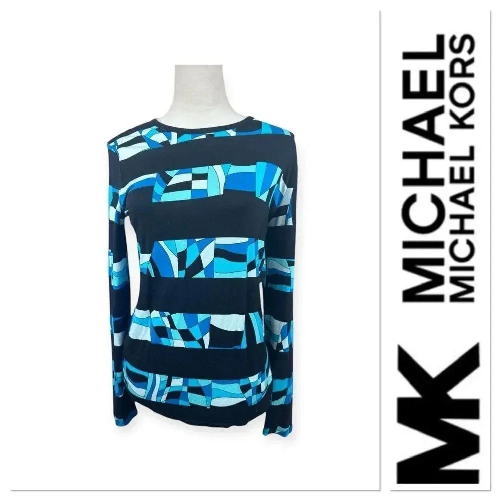 NWT Michael Kors black and blue window pane print long sleeve top size medium
